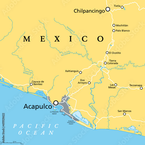 Acapulco and surroundings, political map. Acapulco de Juarez, city and major port of call in state of Guerrero on the Pacific Coast of Mexico. Popular tourist spot and port of call for cruise ships. photo