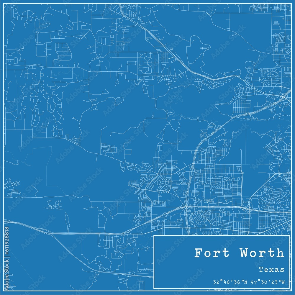 Blueprint US city map of Fort Worth, Texas. Blueprint US city map of Fort Worth, Texas.
