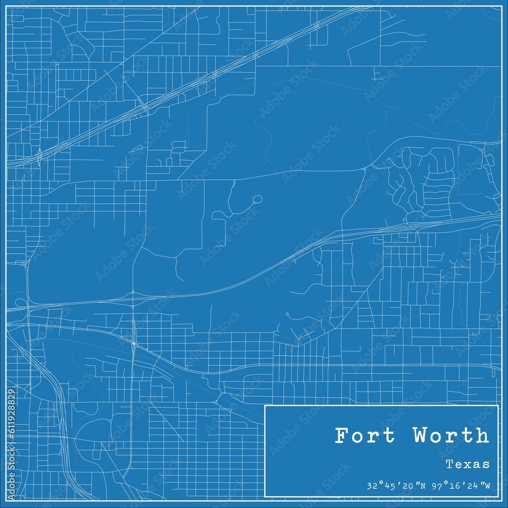 Blueprint US city map of Fort Worth, Texas.