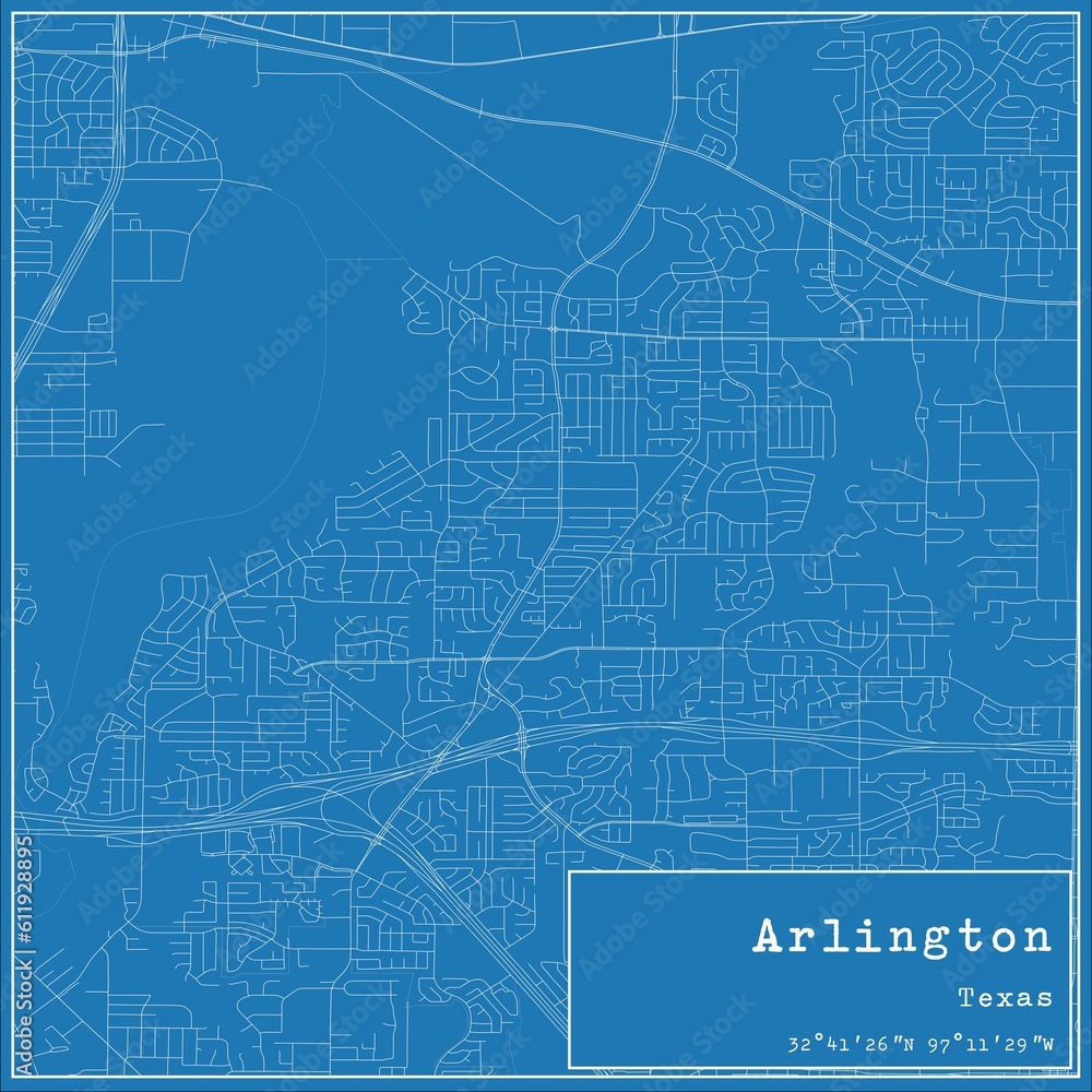Blueprint US city map of Arlington, Texas.