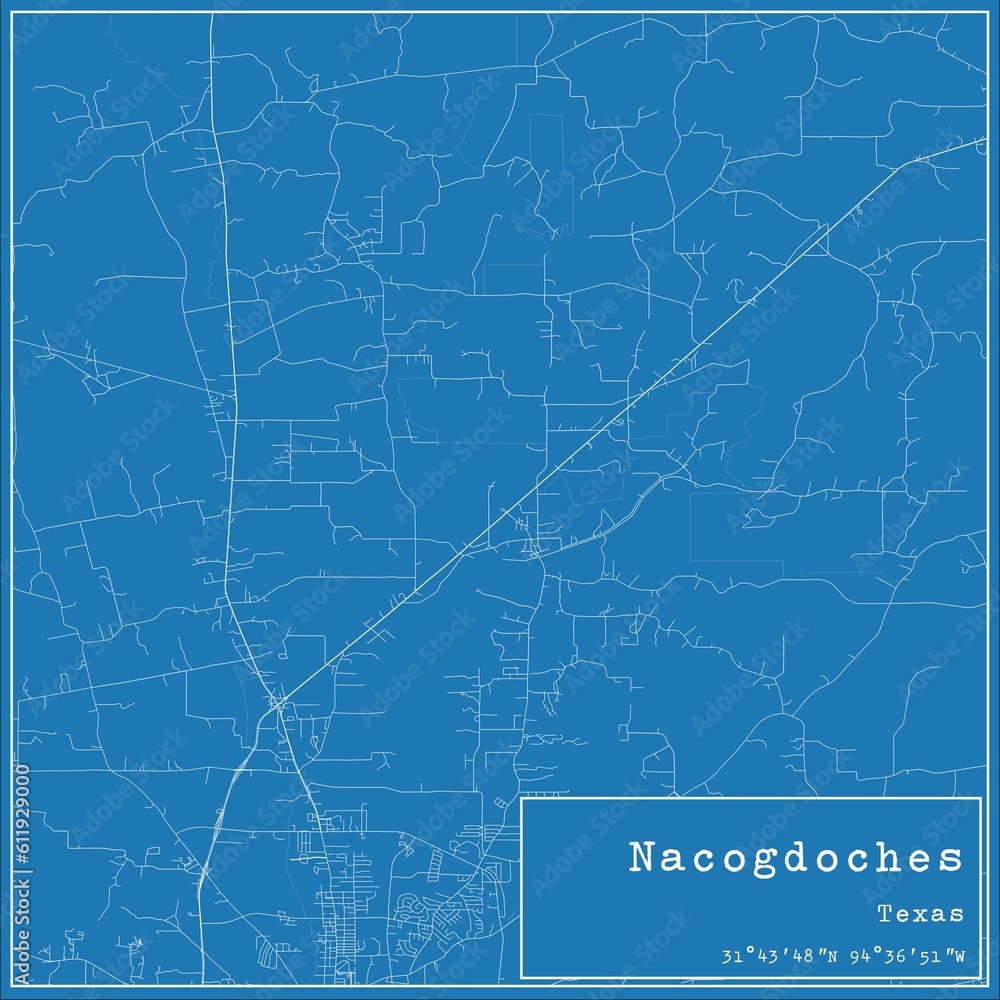 Blueprint US city map of Nacogdoches, Texas.