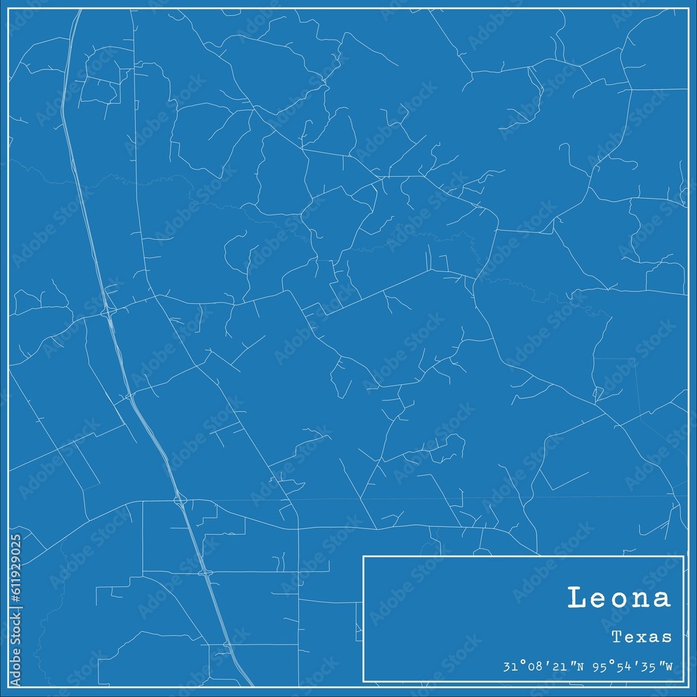 Blueprint US city map of Leona, Texas.