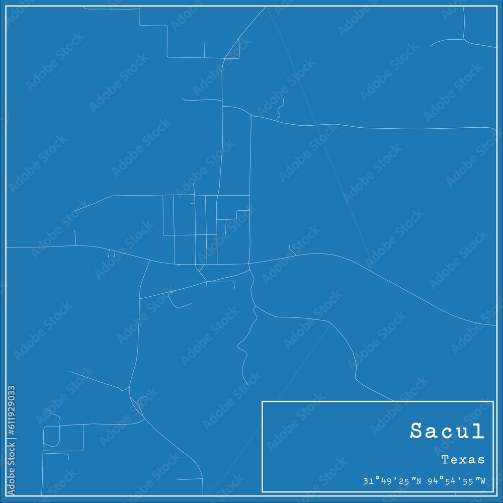 Blueprint US city map of Sacul, Texas.