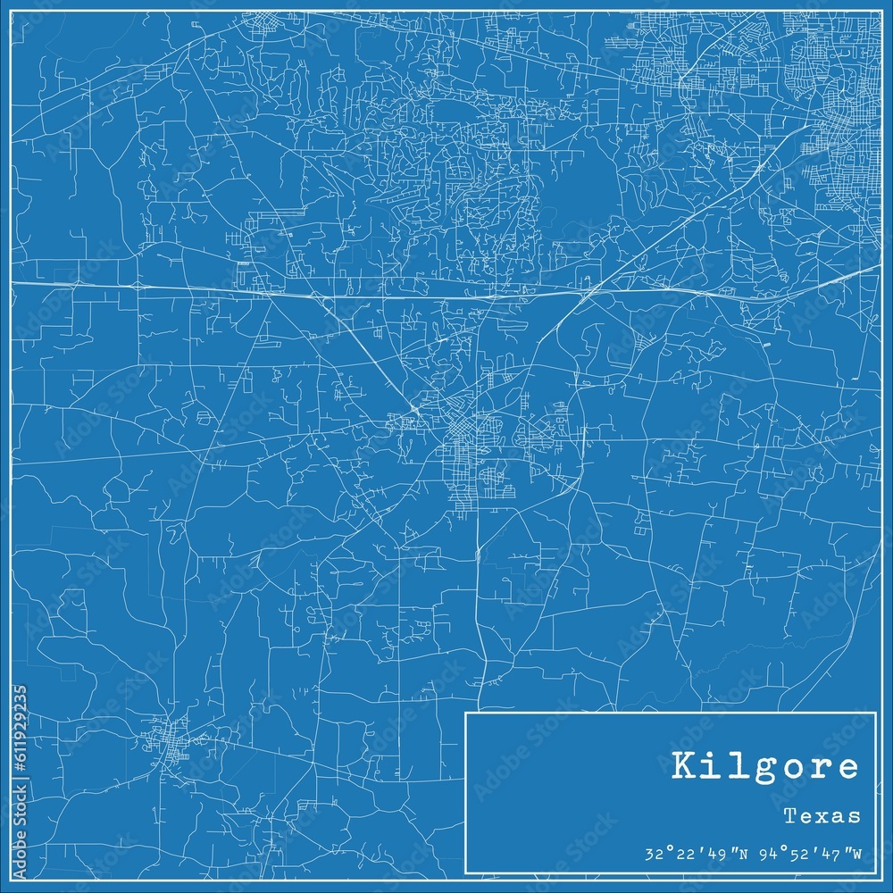 Blueprint US city map of Kilgore, Texas.