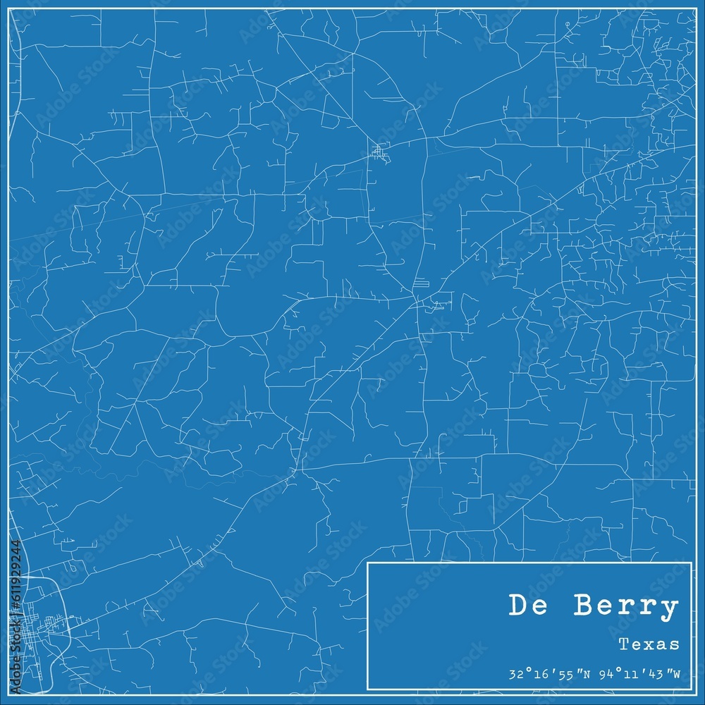 Blueprint US city map of De Berry, Texas.
