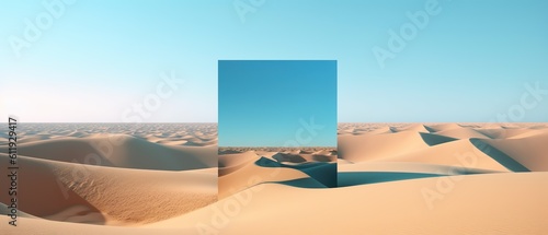 Desert landscape with square mirror under the clear blue sky. Modern minimal aesthetic wallpaper