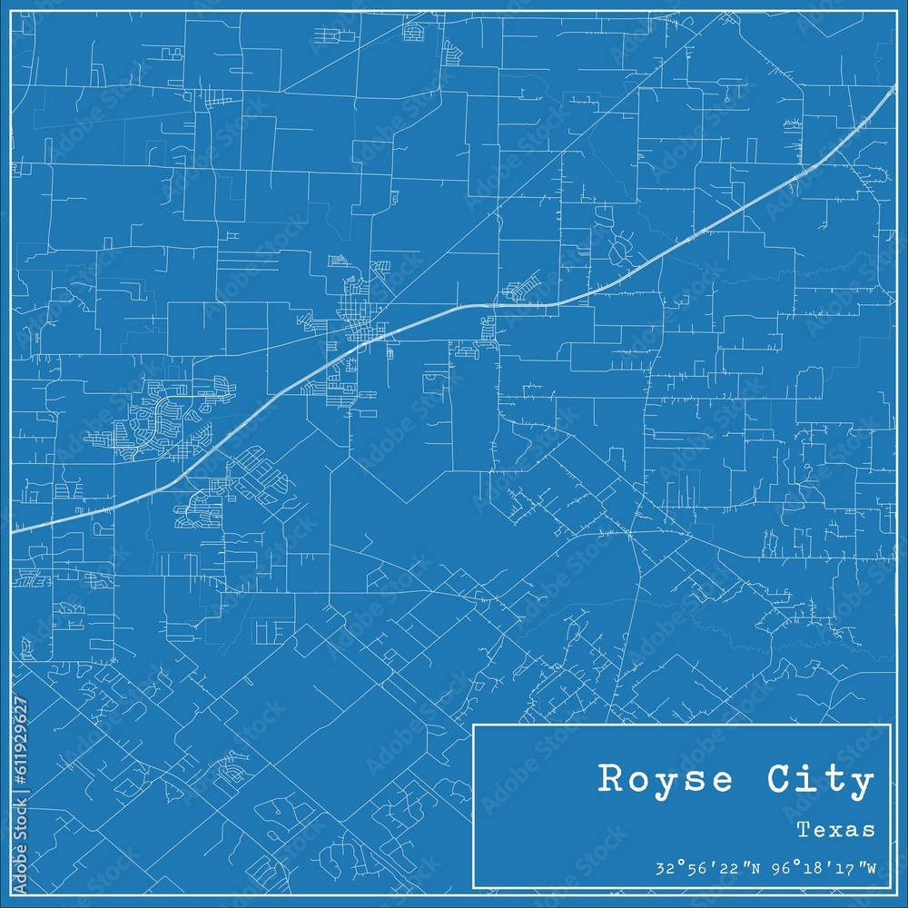 Blueprint US city map of Royse City, Texas.