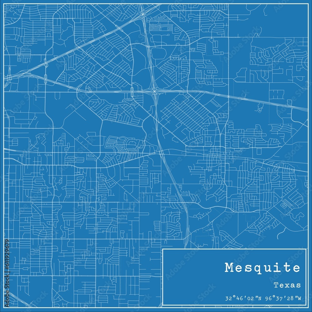 Blueprint US city map of Mesquite, Texas.