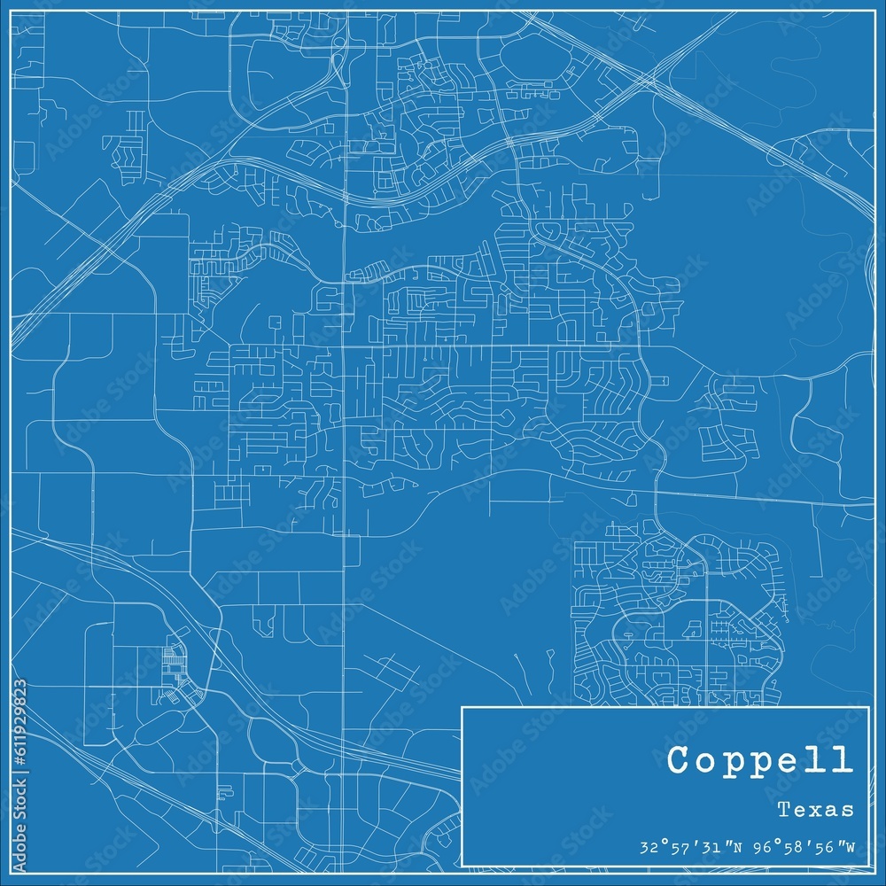 Blueprint US city map of Coppell, Texas.