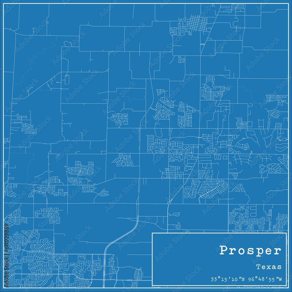 Blueprint US city map of Prosper, Texas. Blueprint US city map of Prosper, Texas.