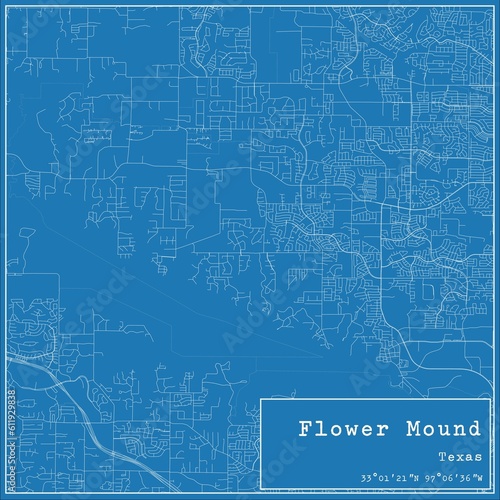 Blueprint US city map of Flower Mound, Texas.