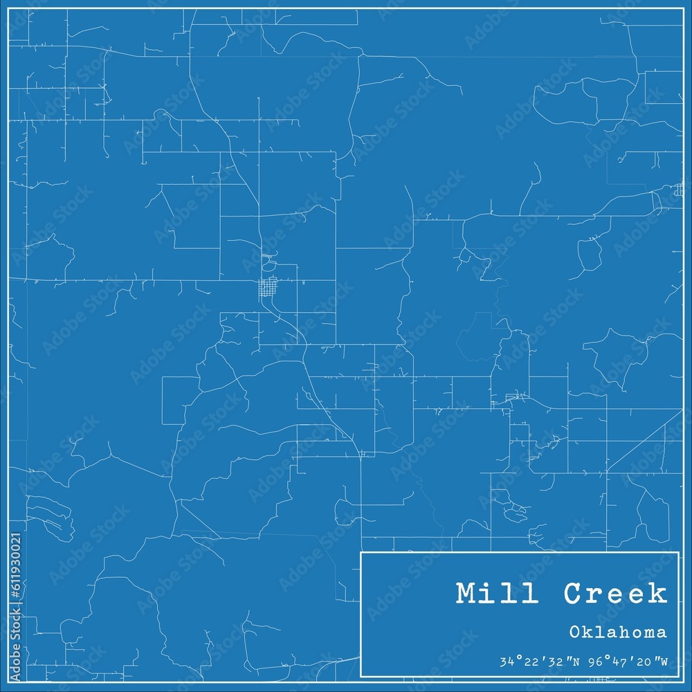 Blueprint US city map of Mill Creek, Oklahoma.