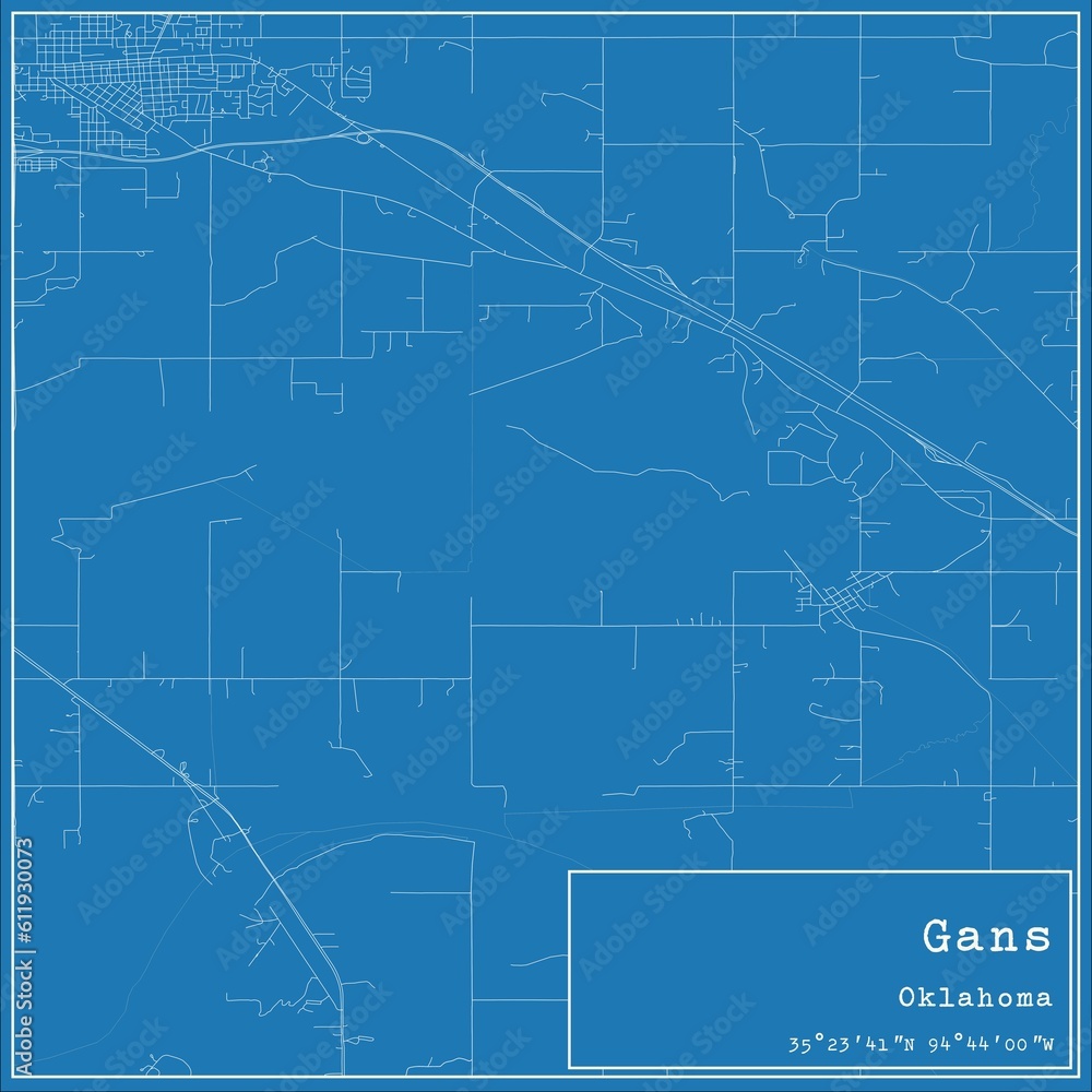 Blueprint US city map of Gans, Oklahoma.