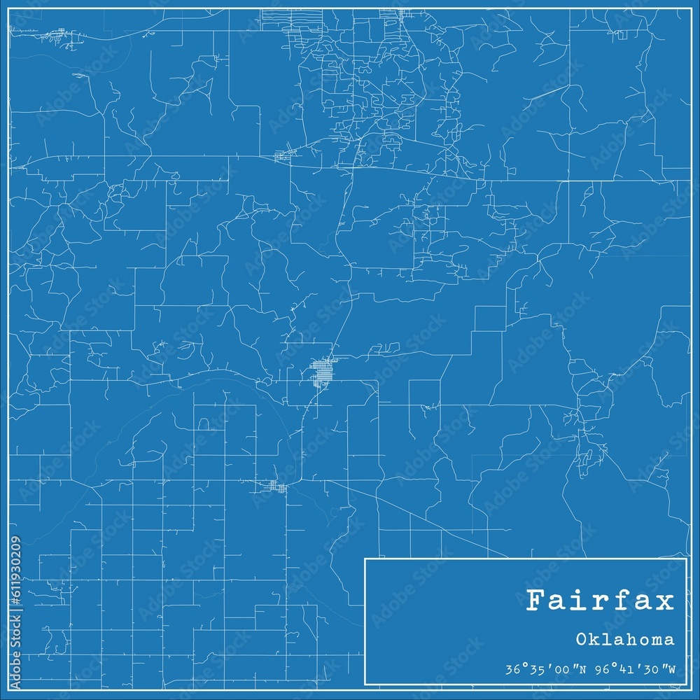 Fototapeta premium Blueprint US city map of Fairfax, Oklahoma.