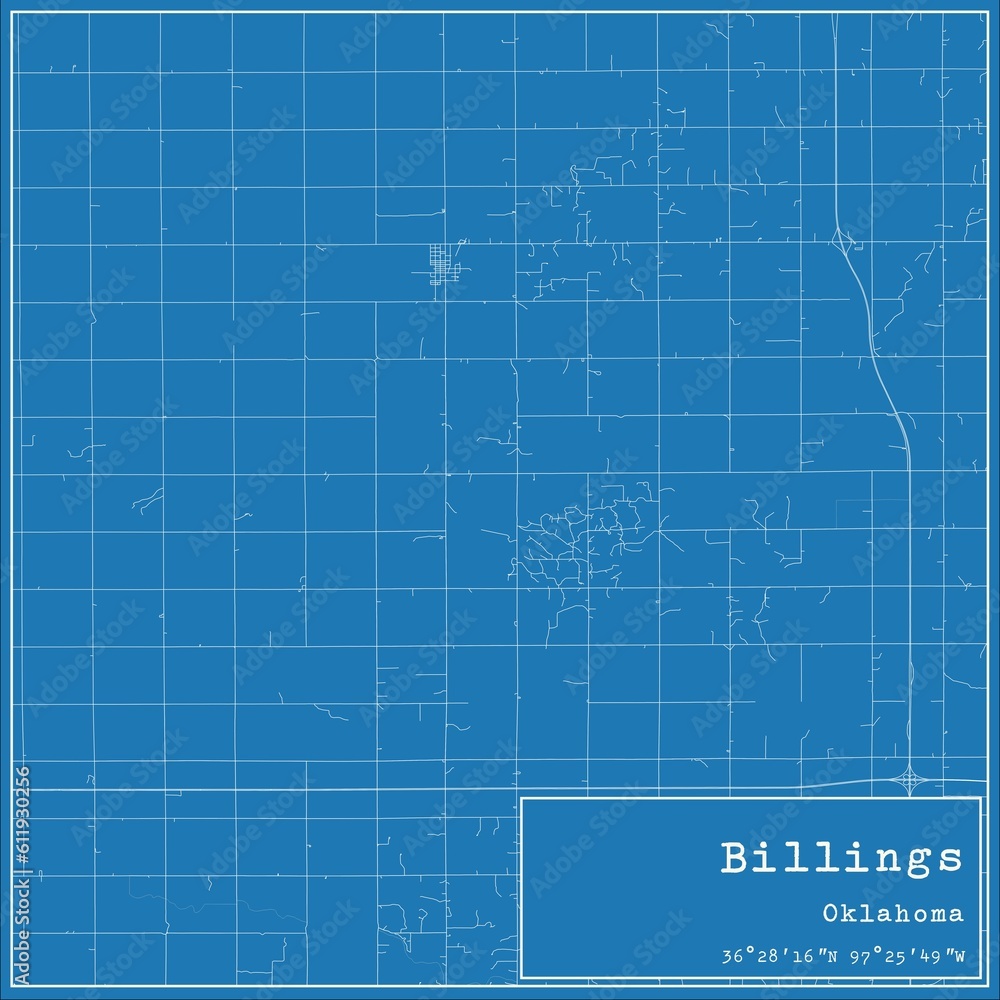 Blueprint US city map of Billings, Oklahoma.