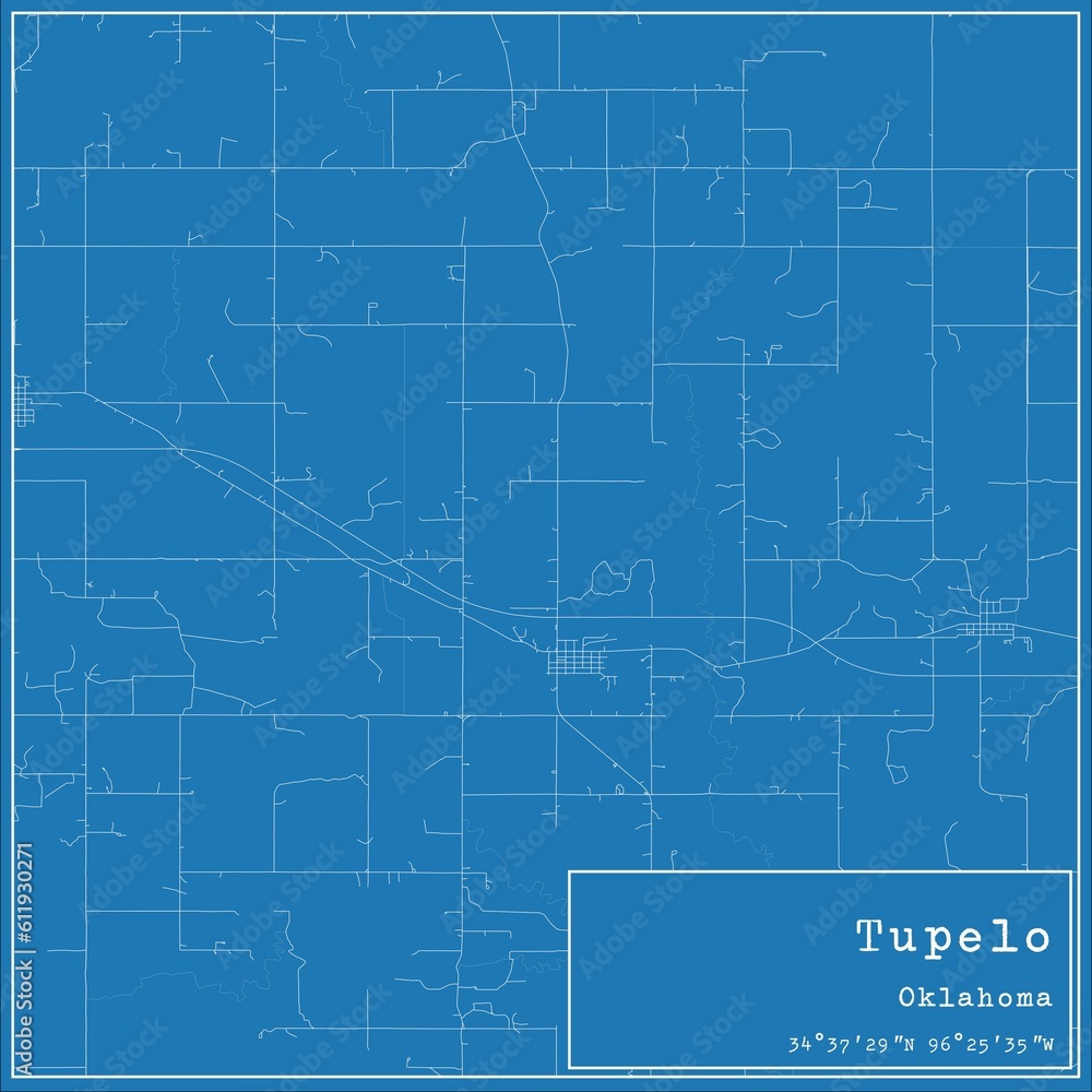 Blueprint US city map of Tupelo, Oklahoma.