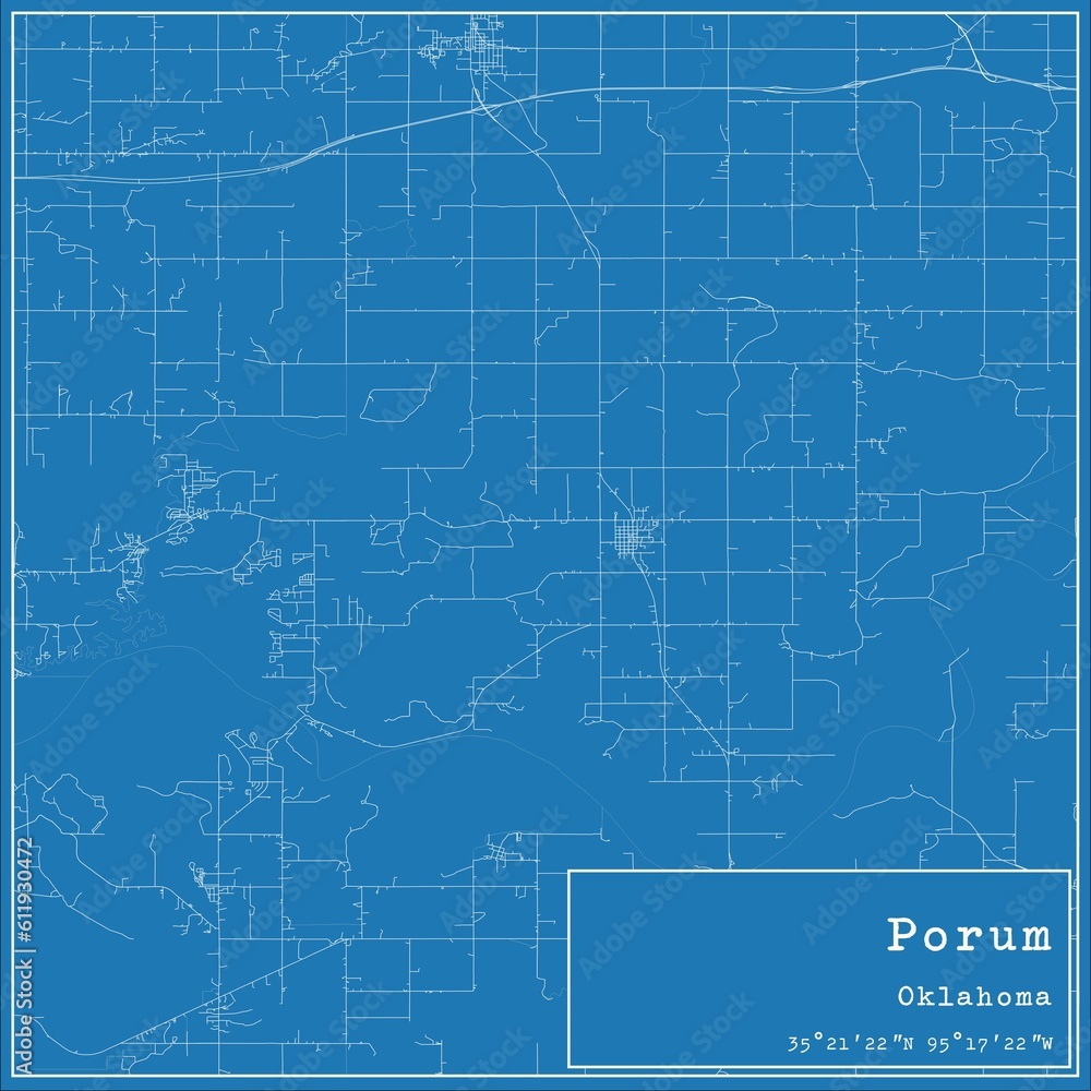 Blueprint US city map of Porum, Oklahoma.