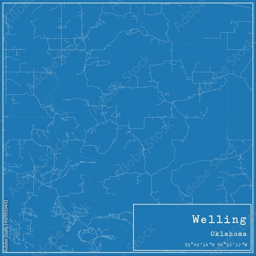 Blueprint US city map of Welling, Oklahoma.