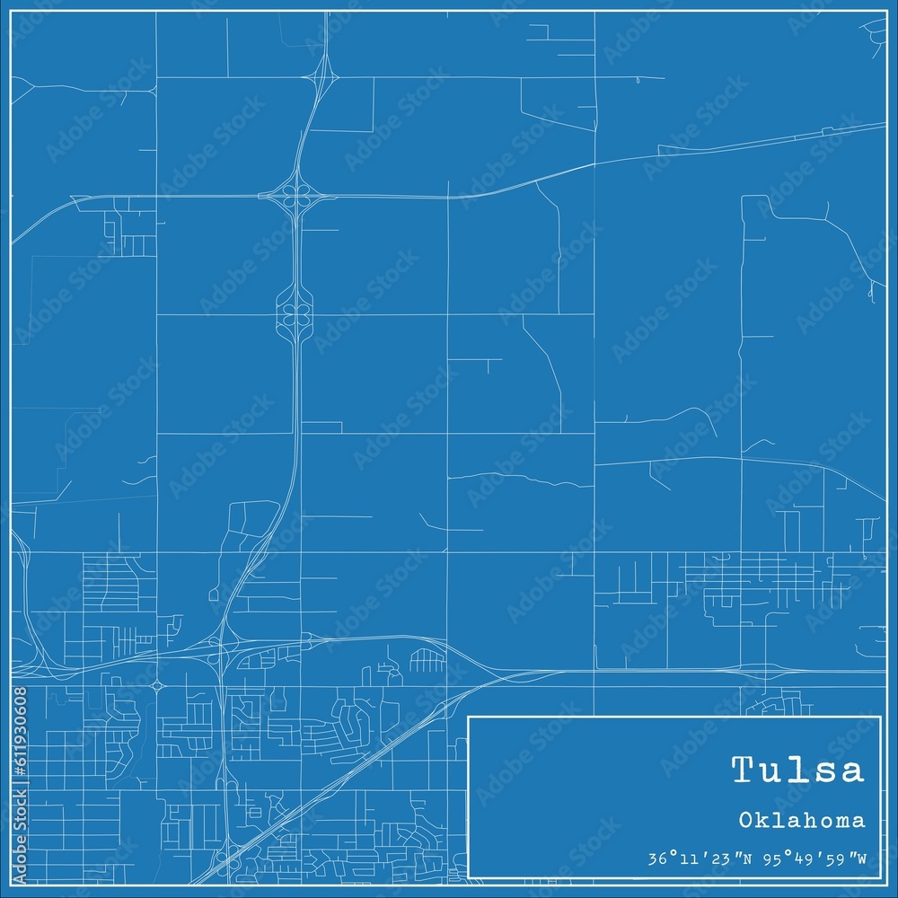 Blueprint US city map of Tulsa, Oklahoma. Blueprint US city map of Tulsa, Oklahoma.