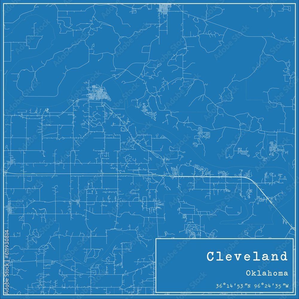 Fototapeta premium Blueprint US city map of Cleveland, Oklahoma.