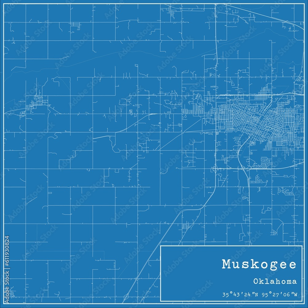 Blueprint US city map of Muskogee, Oklahoma. Blueprint US city map of Muskogee, Oklahoma.