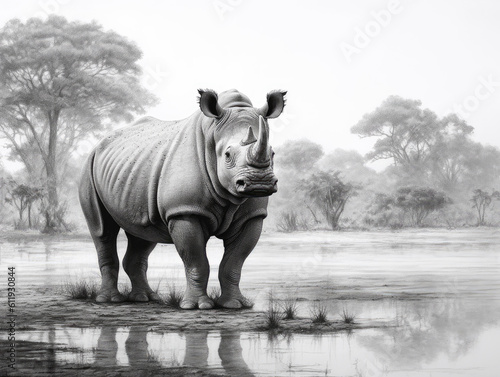 Generative ai illustration of detailed drawing illustration of a Rhino in a jungle setting. © pbombaert