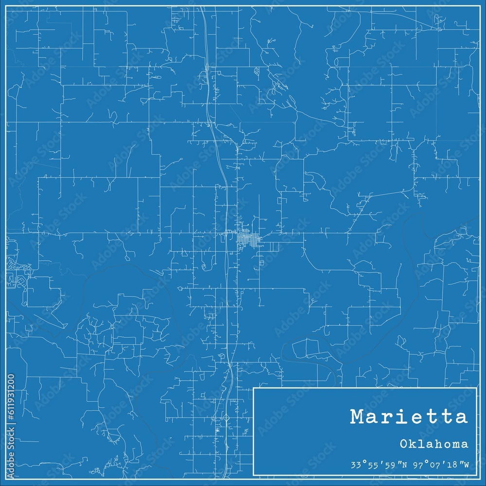 Blueprint US city map of Marietta, Oklahoma.