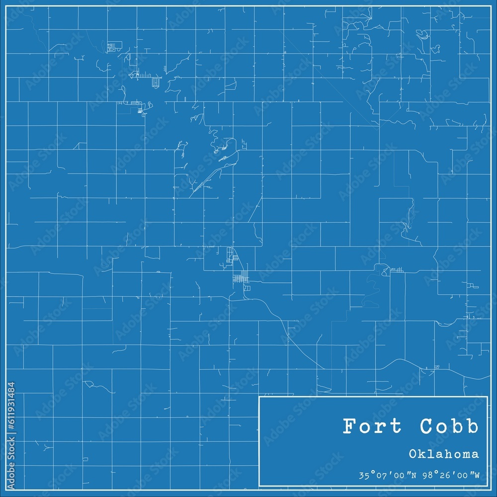 Blueprint US city map of Fort Cobb, Oklahoma.