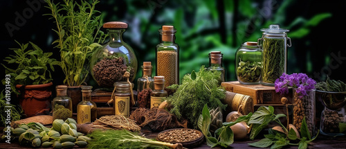 Medicinal herbs and tinctures alternative medicine on table with leaves  Generative AI