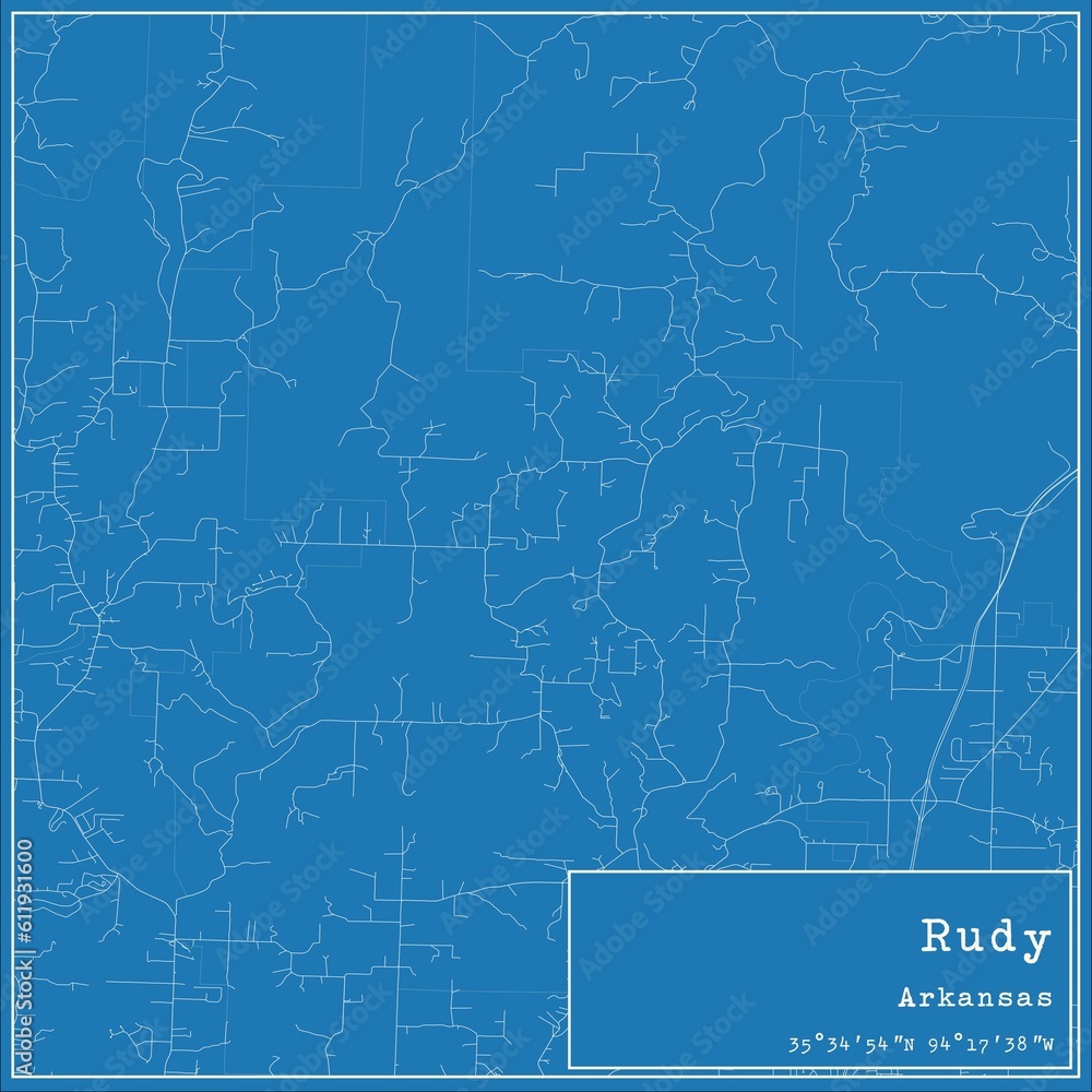 Blueprint US city map of Rudy, Arkansas. - obrazy, fototapety, plakaty 