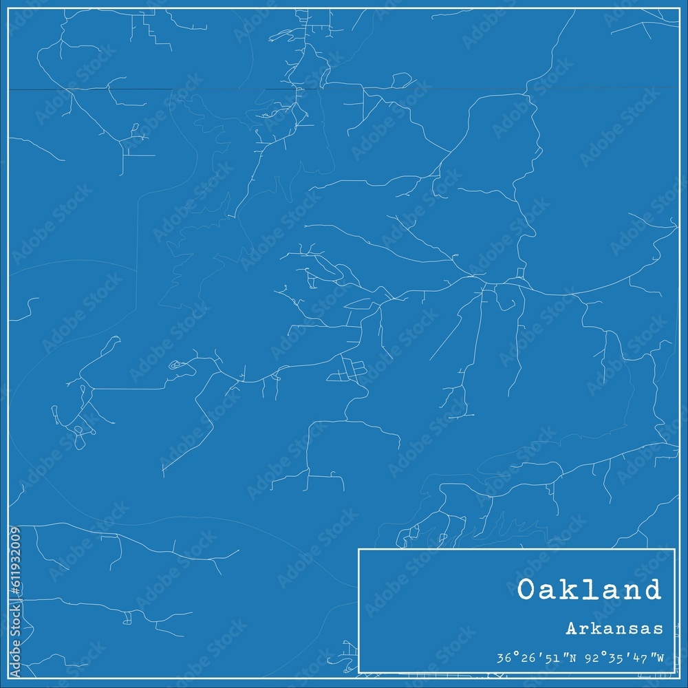 Blueprint US city map of Oakland, Arkansas.