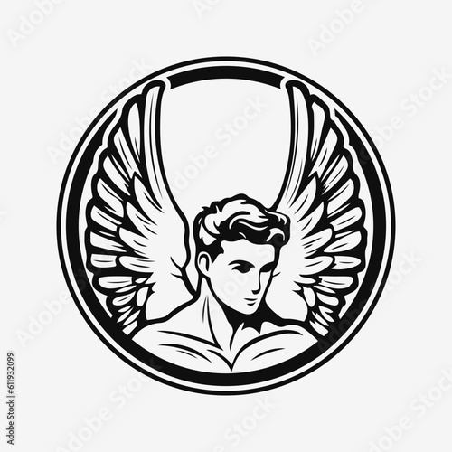 Male angel with wings. Black and white logo or mascot design. Vector illustration
