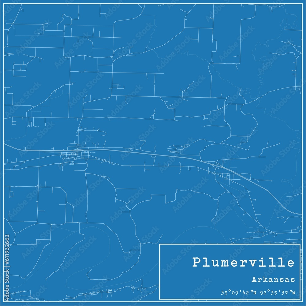 Blueprint US city map of Plumerville, Arkansas.