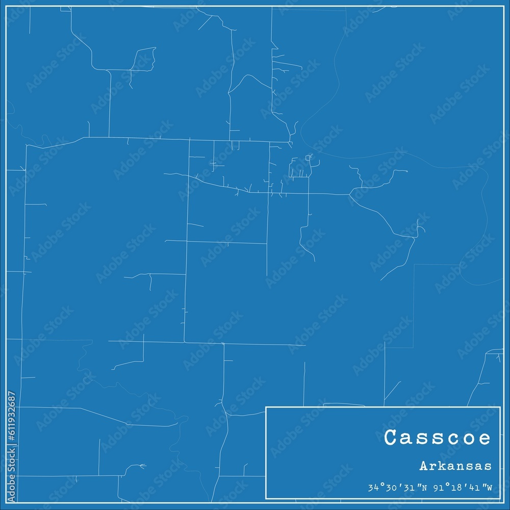 Blueprint US city map of Casscoe, Arkansas.