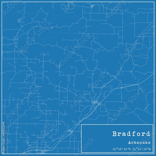 Blueprint US city map of Bradford, Arkansas.