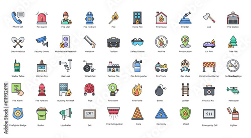 Fire Department Line Color Icons Firefighter Icon Set in Filled Outline Style 50 Vector Icons