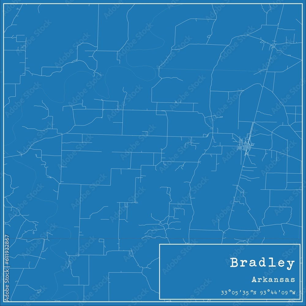 Blueprint US city map of Bradley, Arkansas.