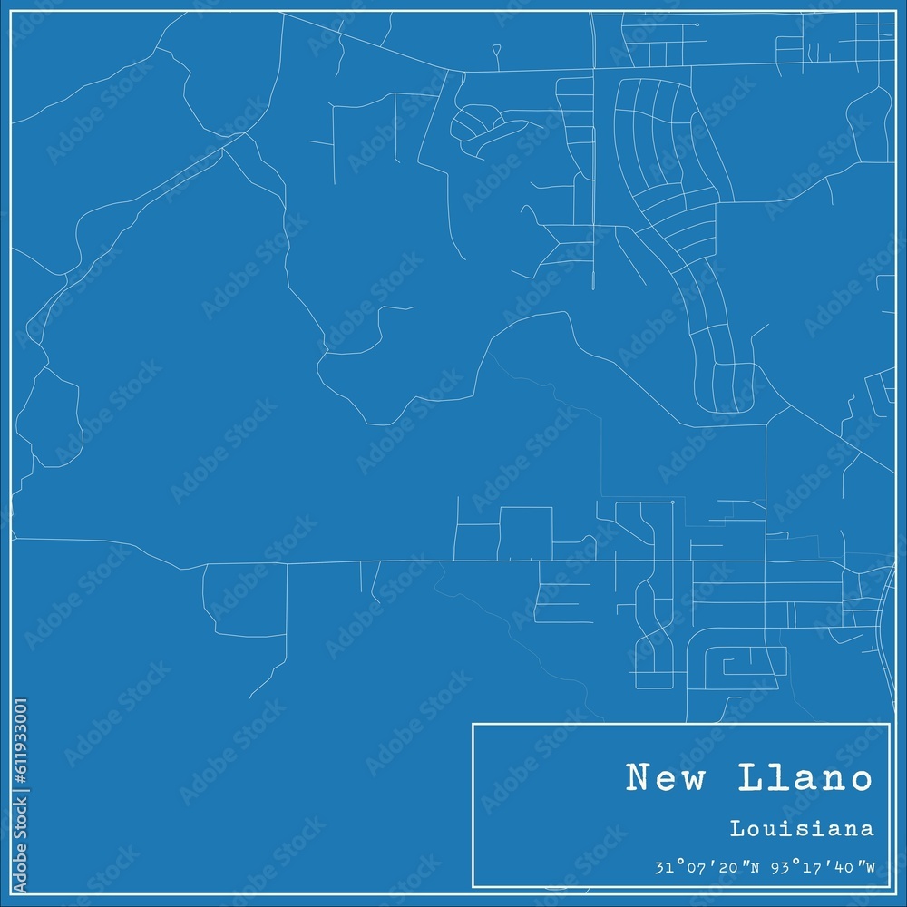 Blueprint US city map of New Llano, Louisiana.