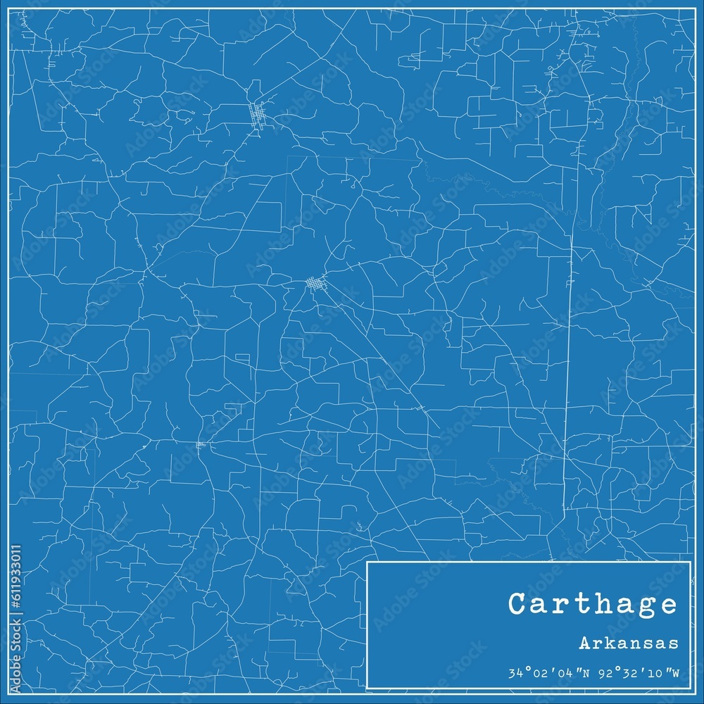 Blueprint US city map of Carthage, Arkansas.