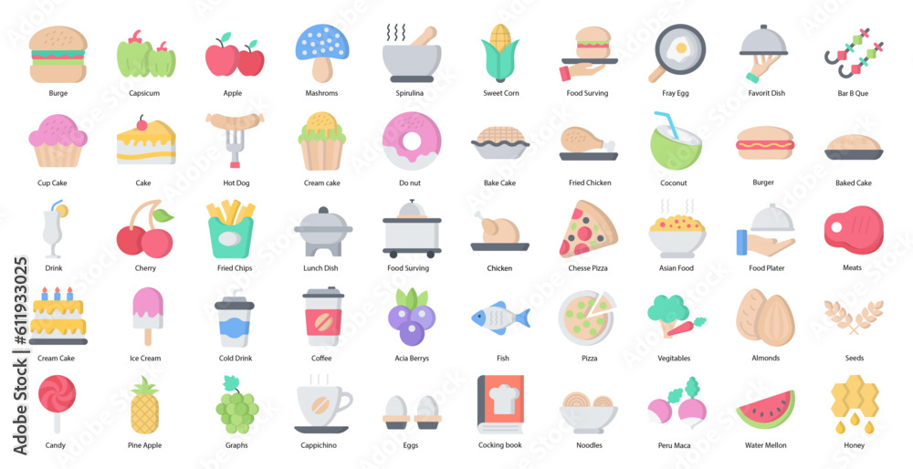 Food Flat Icons Burger Cake Baking Iconset in Filled Color Style 50 Vector Icons Food Flat Icons Burger Cake Baking Iconset in Filled Color Style 50 Vector Icons