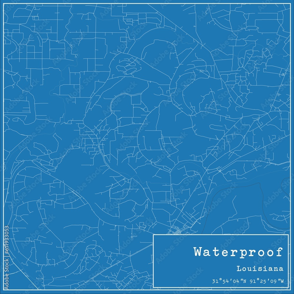 Blueprint US city map of Waterproof, Louisiana.