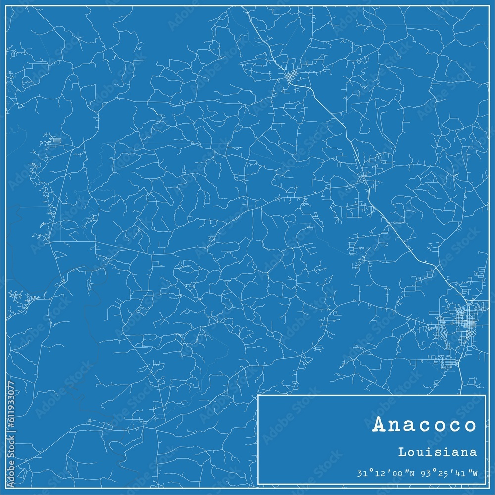 Blueprint US city map of Anacoco, Louisiana. Blueprint US city map of Anacoco, Louisiana.