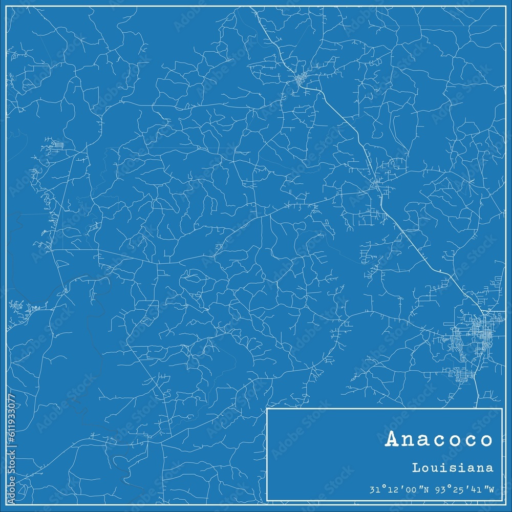 Blueprint US city map of Anacoco, Louisiana.