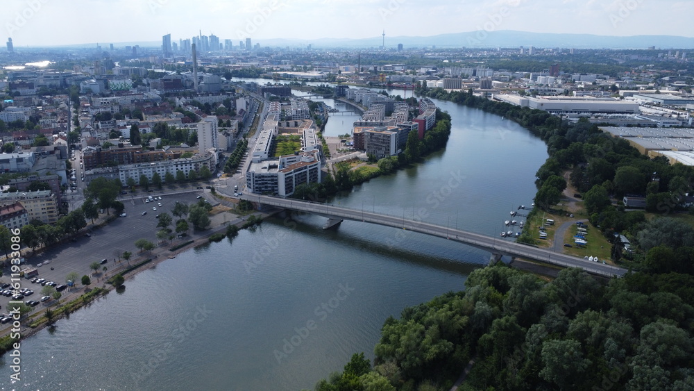 A section of the city Offenbach, where Carl-Ulrich bridge connects the two Main river banks.