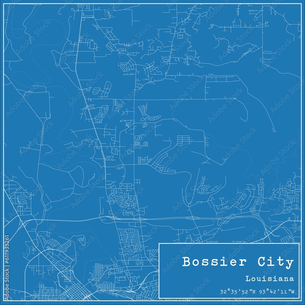 Blueprint US city map of Bossier City, Louisiana.