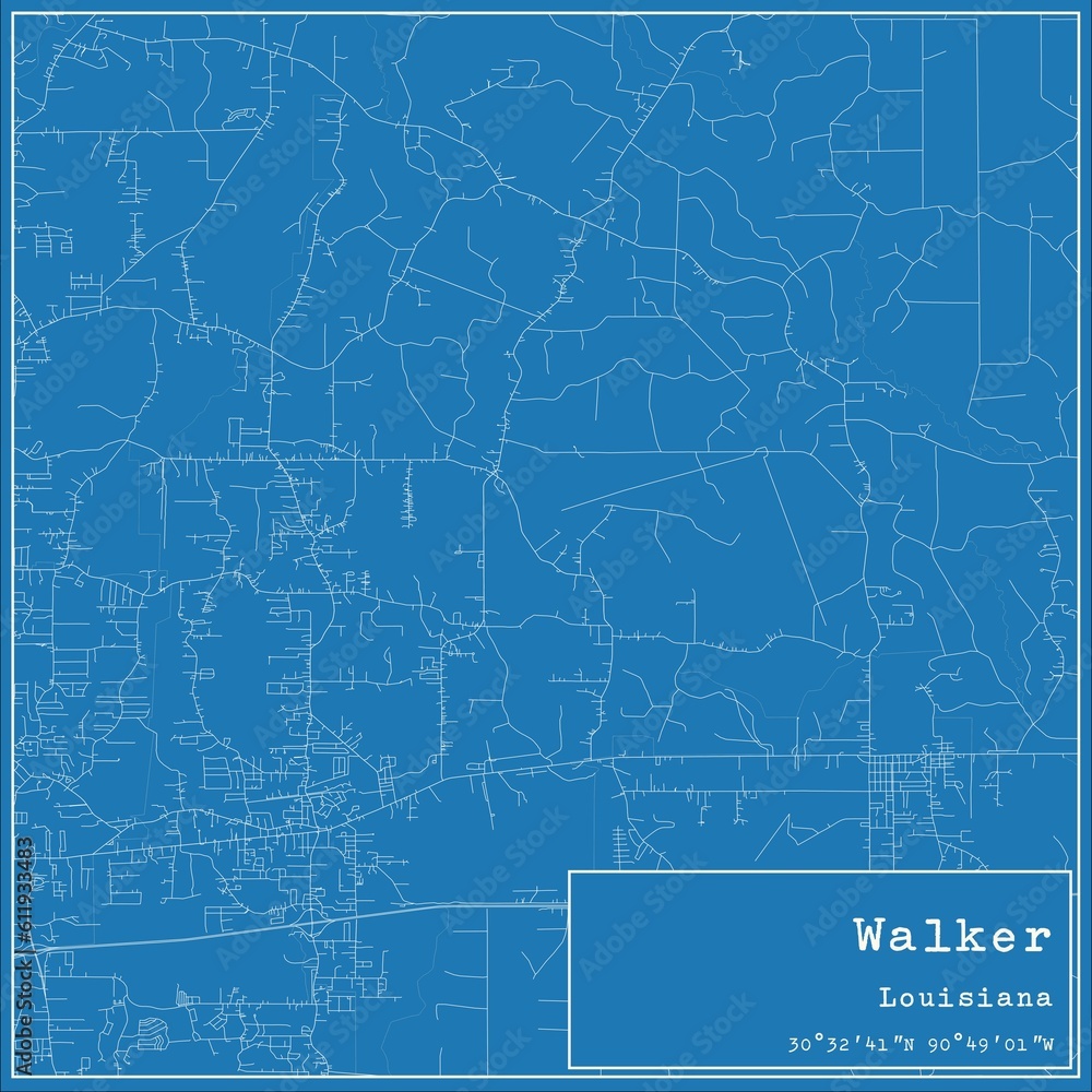 Blueprint US city map of Walker, Louisiana.