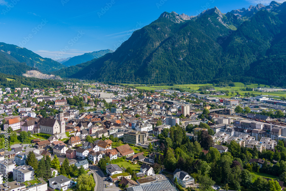 Obraz premium City of Bludenz in the Walgau Valley in the State of Vorarlberg, Austria. Drone Picture