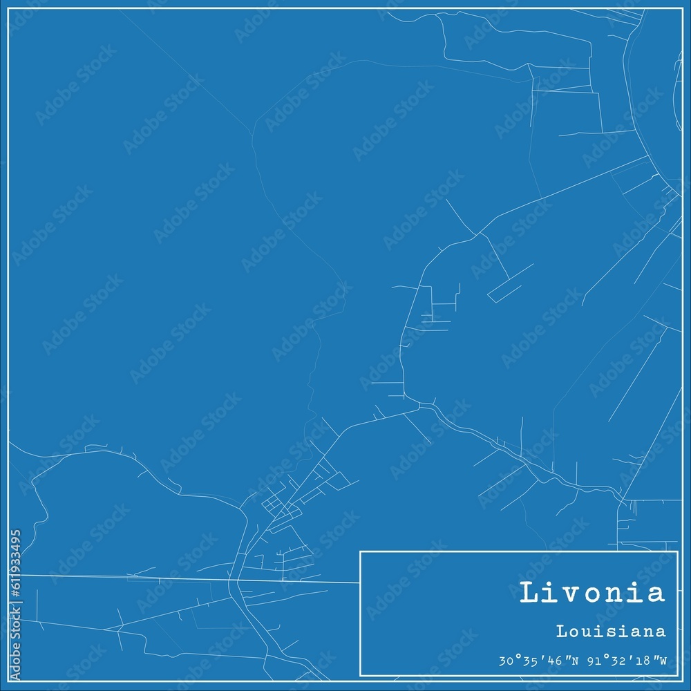 Blueprint US city map of Livonia, Louisiana.