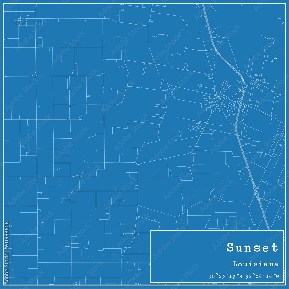 Blueprint US city map of Sunset, Louisiana.