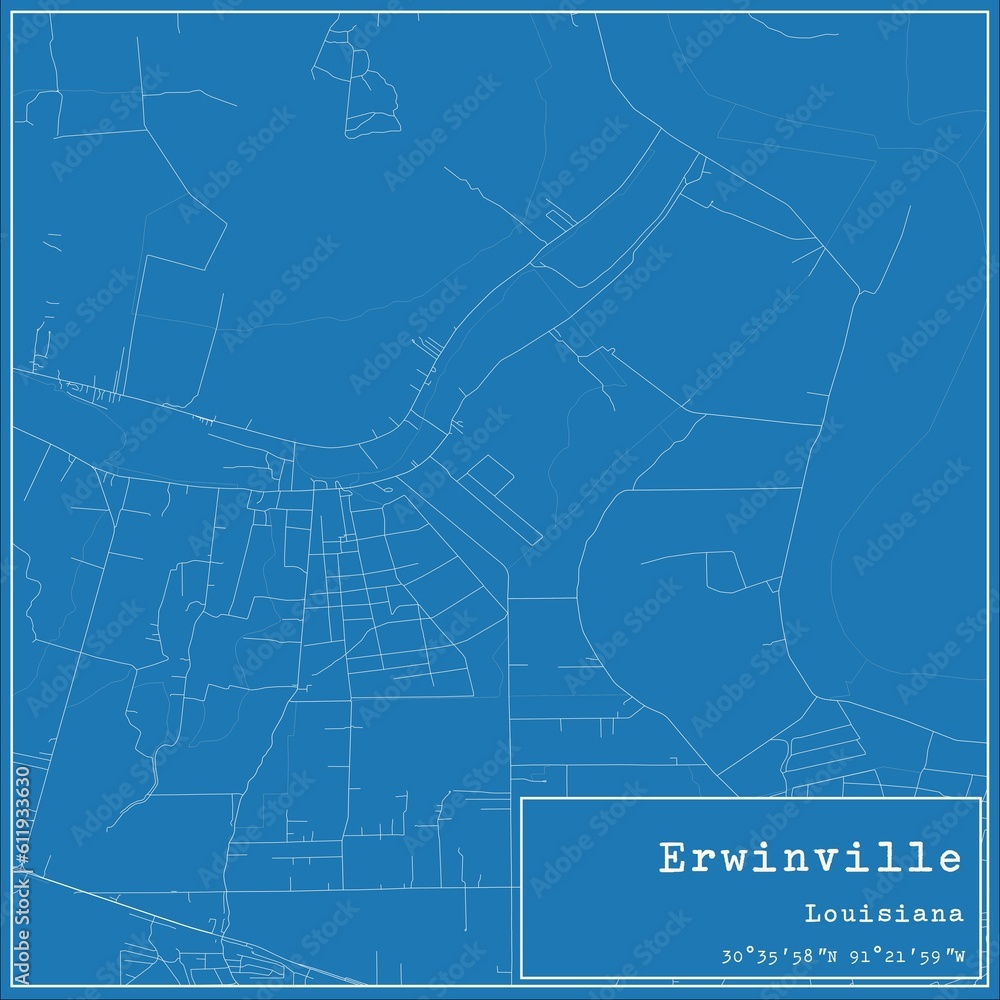 Blueprint US city map of Erwinville, Louisiana.